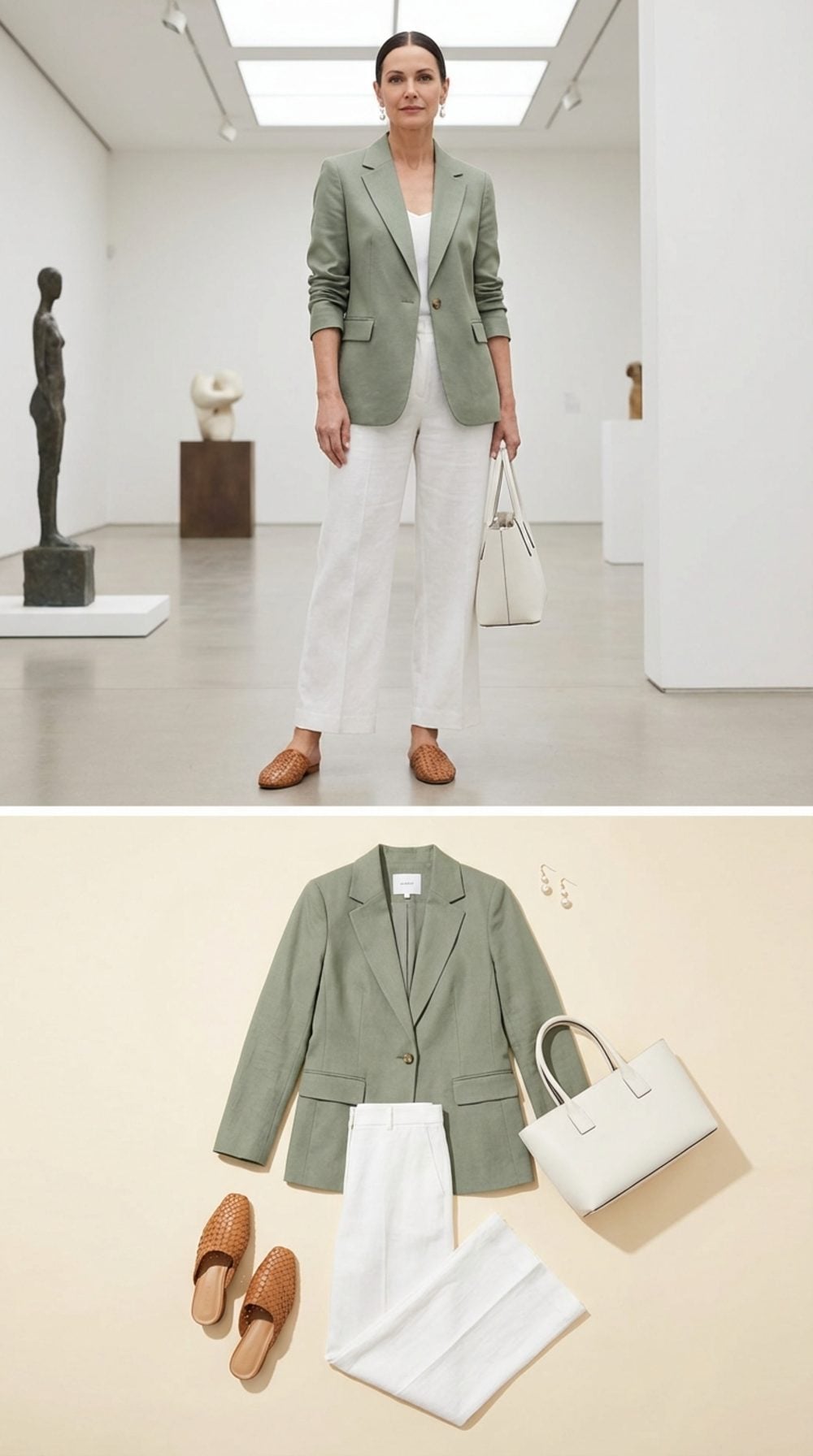 Sage Green Blazer + White Wide-Leg Trousers + Woven Leather Mules