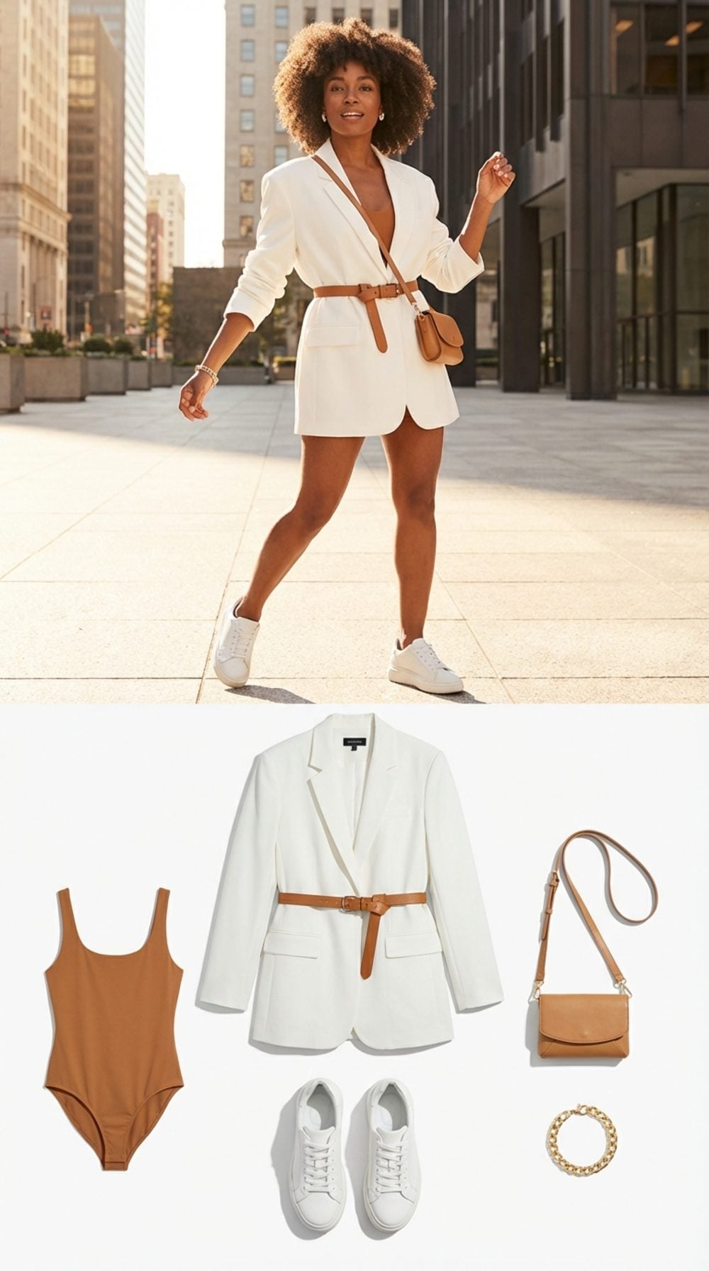 Bright White Blazer Worn as a Dress Over a Caramel Bodysuit + Barely-Laced Sneakers