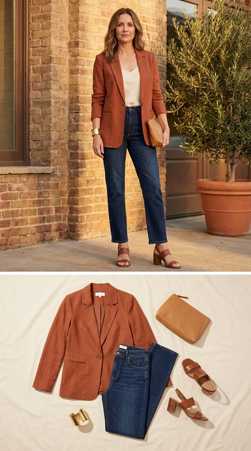 Rust-Toned Blazer + Dark Rinse Straight Jeans + Brown Block-Heel Sandals + Gold Cuff