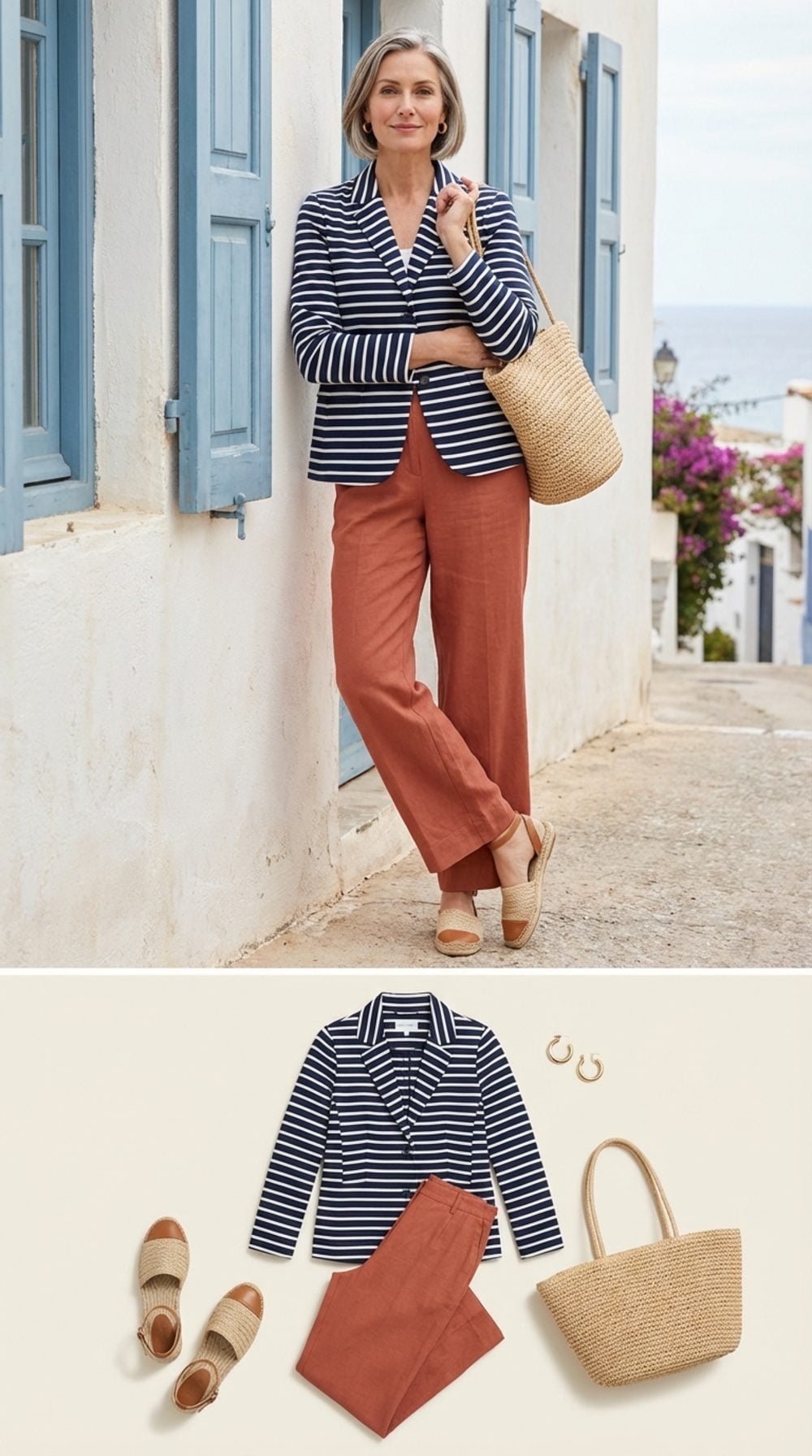 Striped Cotton Blazer in Navy and White + Terracotta Linen Pants + Flat Espadrilles