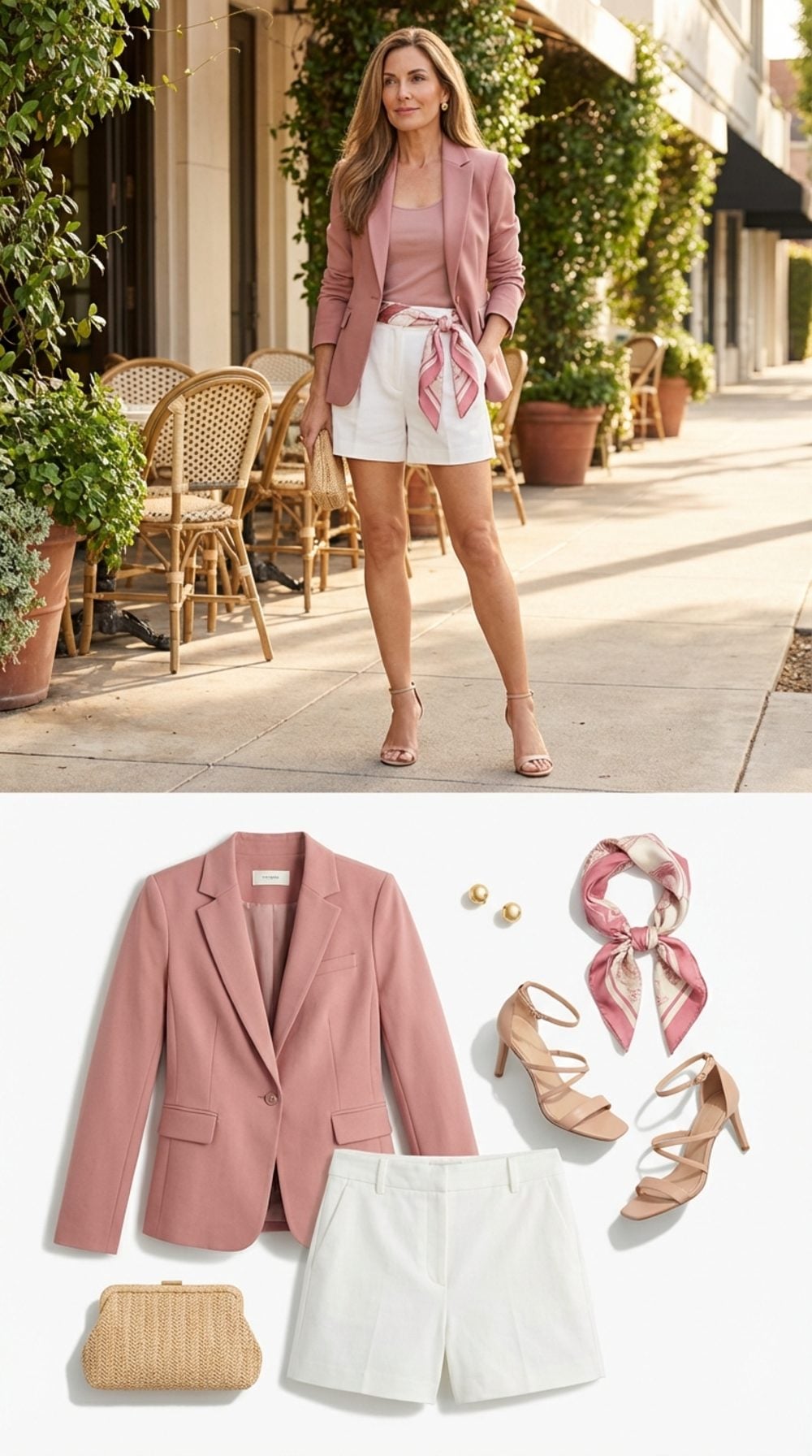 Dusty Pink Blazer + High-Rise White Shorts + Strappy Heeled Sandals + Silk Scarf as Belt