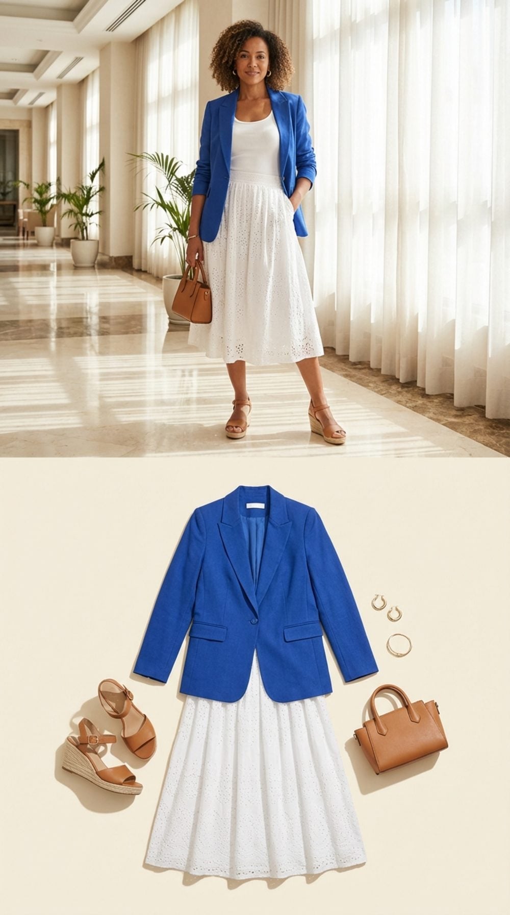 Cobalt Blue Blazer + White Broderie Anglaise Skirt + Tan Leather Wedge Sandals