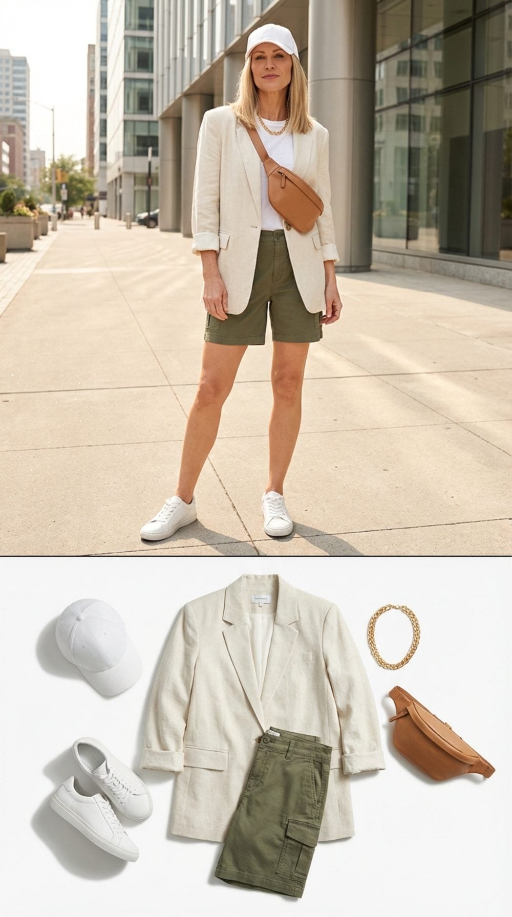 Ecru Oversized Blazer + Olive Cargo Shorts + White Low-Top Leather Sneakers + A Baseball Cap