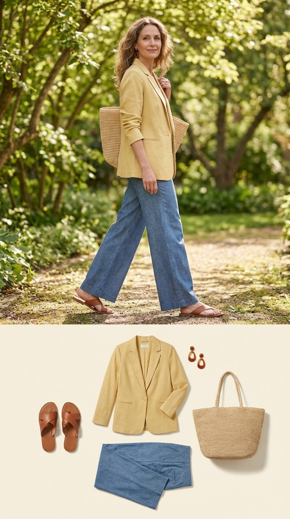 Soft Yellow Blazer + Wide-Leg Chambray Trousers + Flat Leather Sandals + Straw Bag