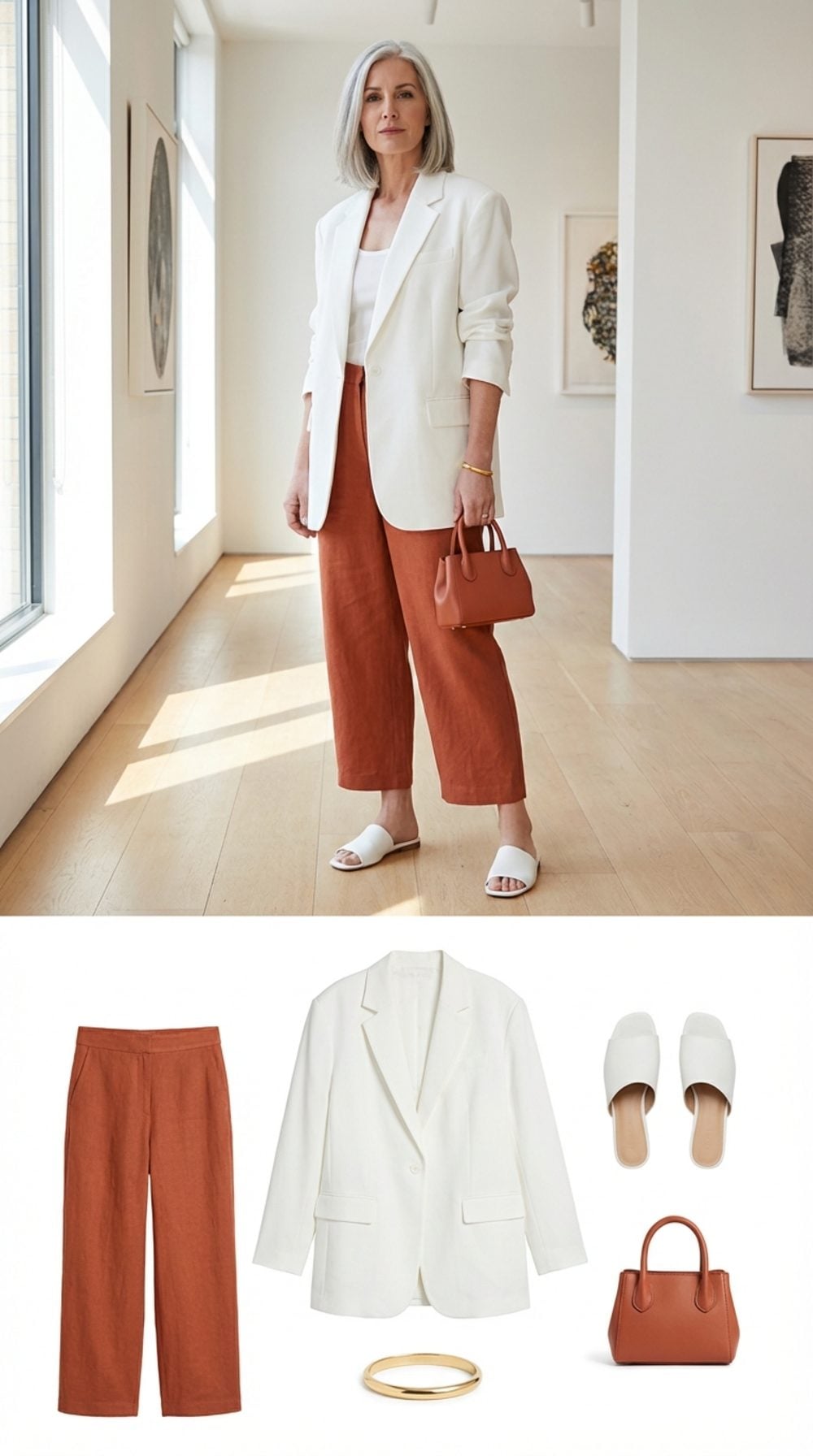Oversized White Blazer + Cropped Wide-Leg Linen Trousers in Terracotta