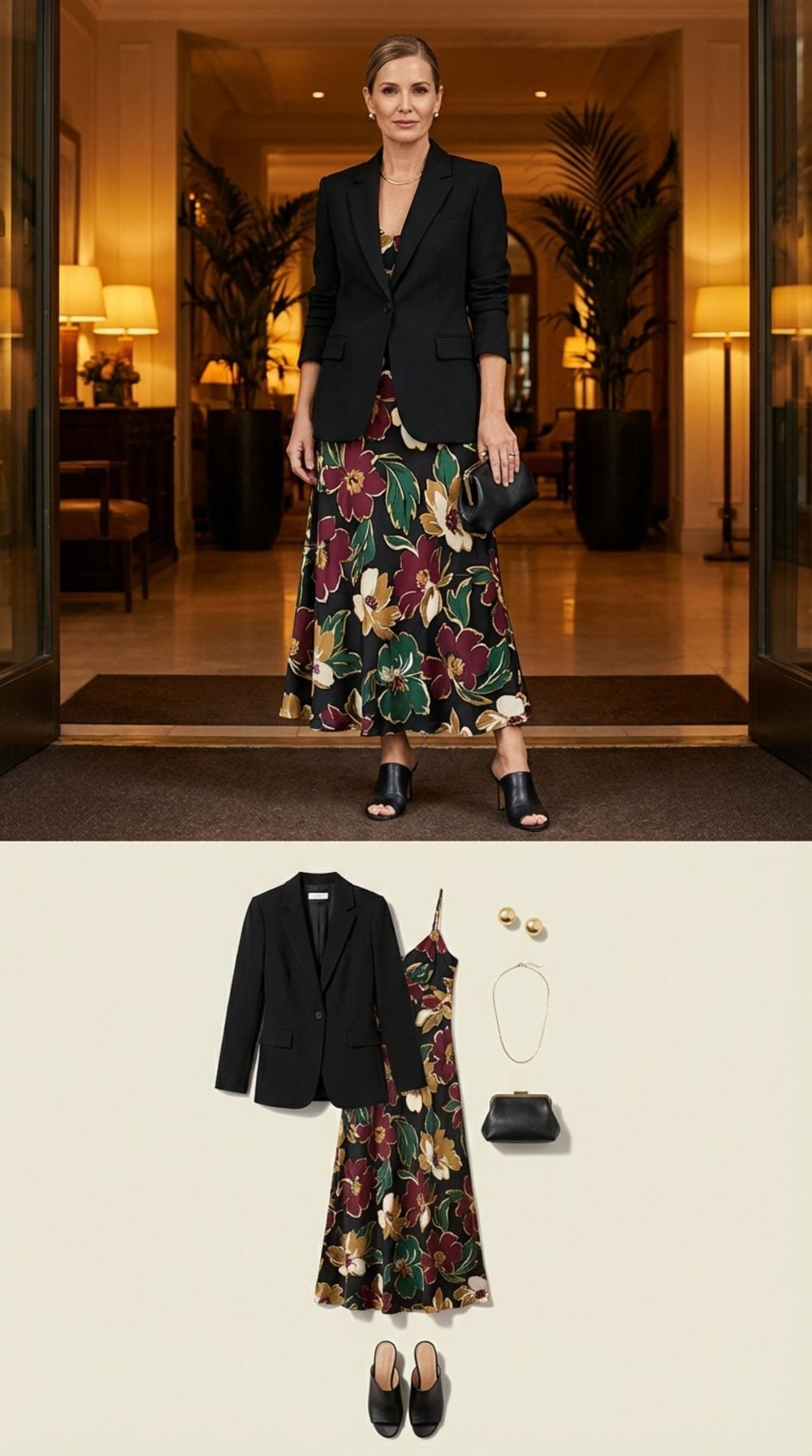 Black Blazer Worn Over a Bold Floral Maxi Dress + Heeled Leather Mules + Minimal Gold Jewelry