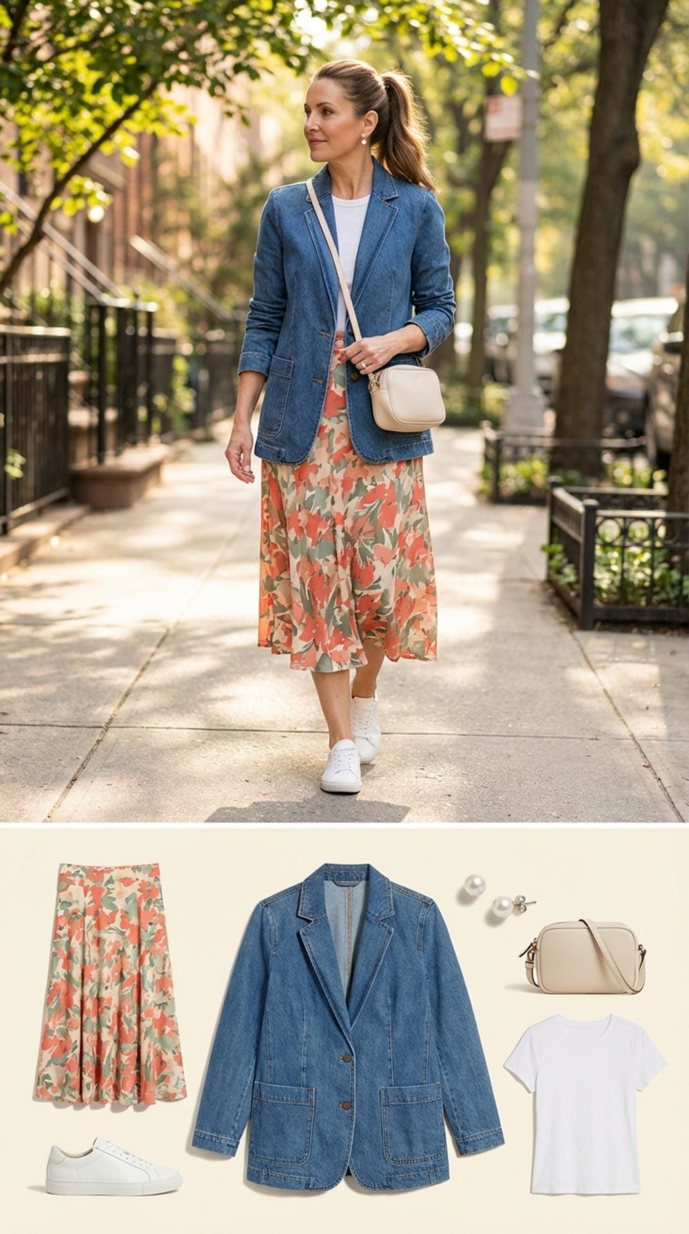 Denim Blazer Half-Tucked Over a Floral Midi Skirt with White Leather Sneakers