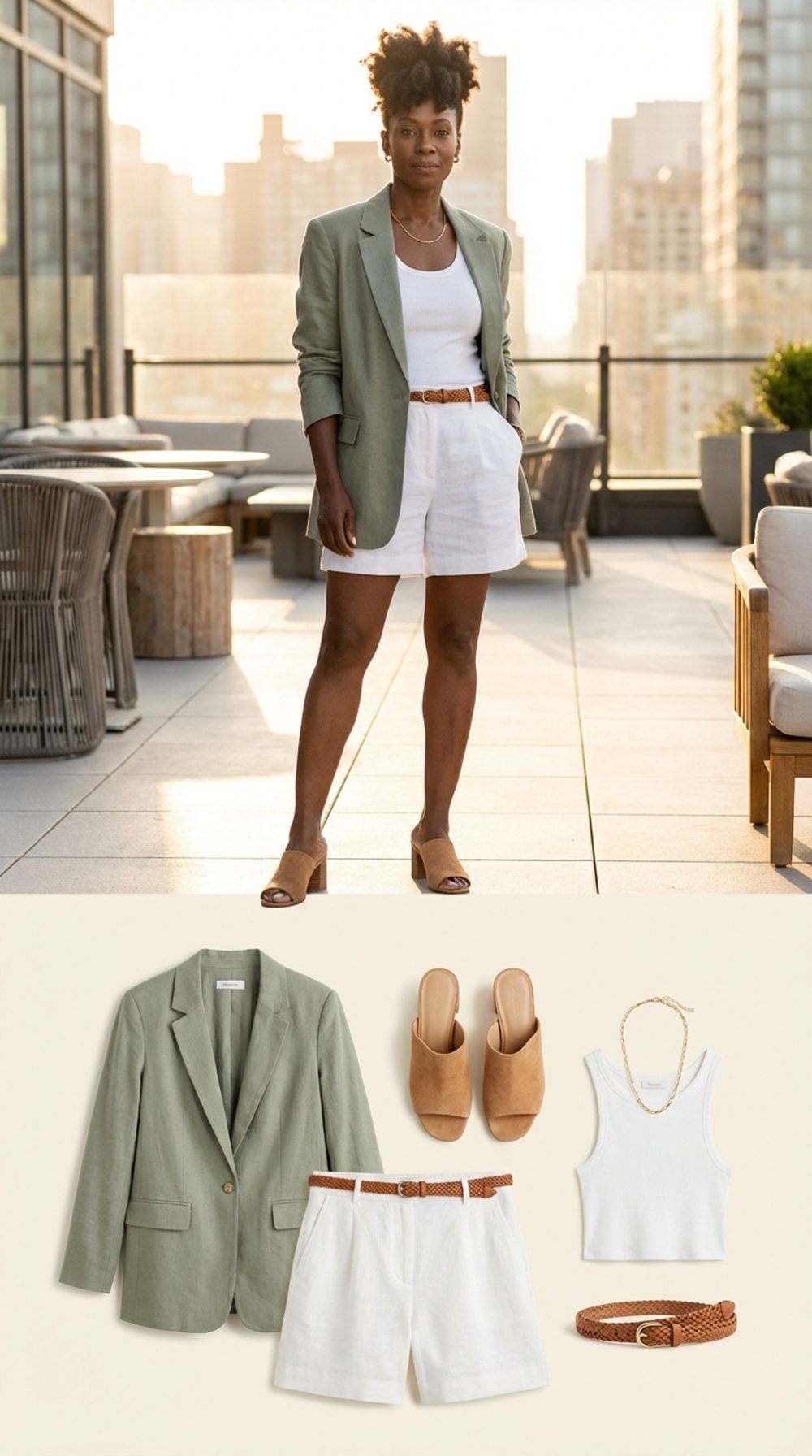 Sage Green Oversized Blazer + White Linen Shorts + Tan Block-Heel Mules