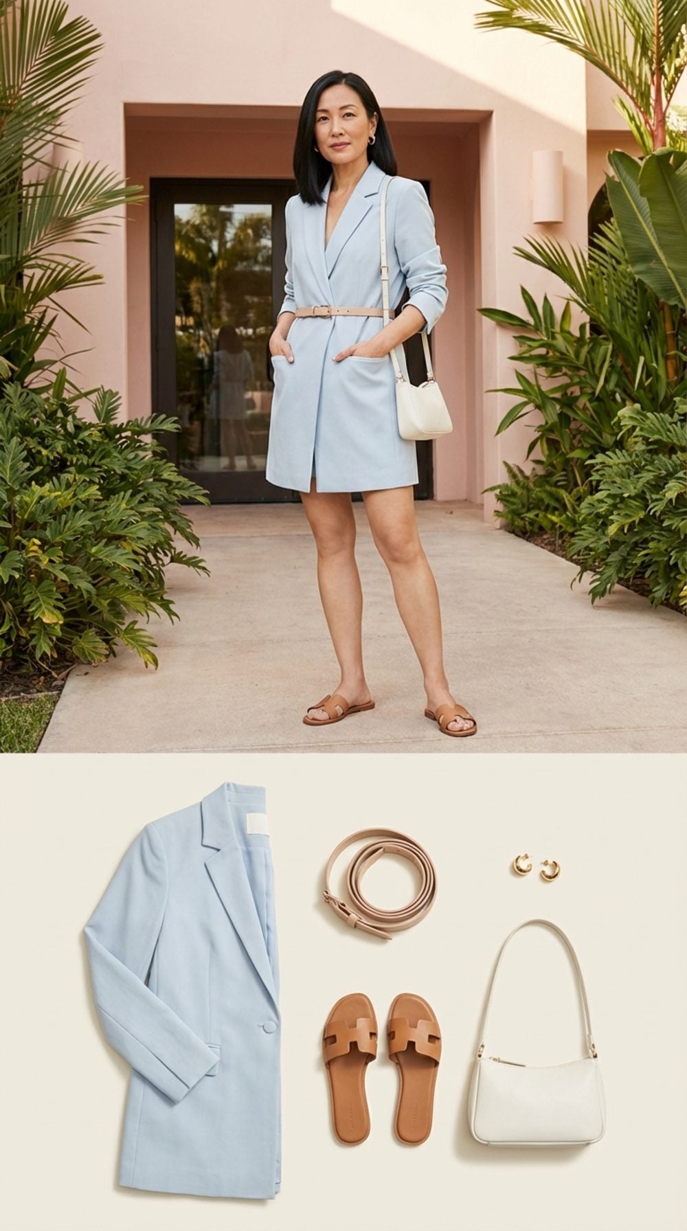 Pale Blue Longline Blazer Belted at the Waist as a Dress, Flat Leather Sandals