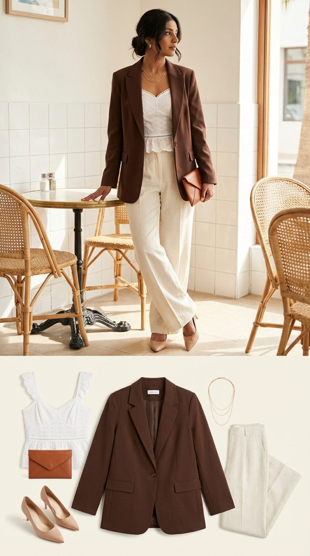 Chocolate Brown Blazer Over a White Broderie Anglaise Top with Wide-Leg Cream Trousers
