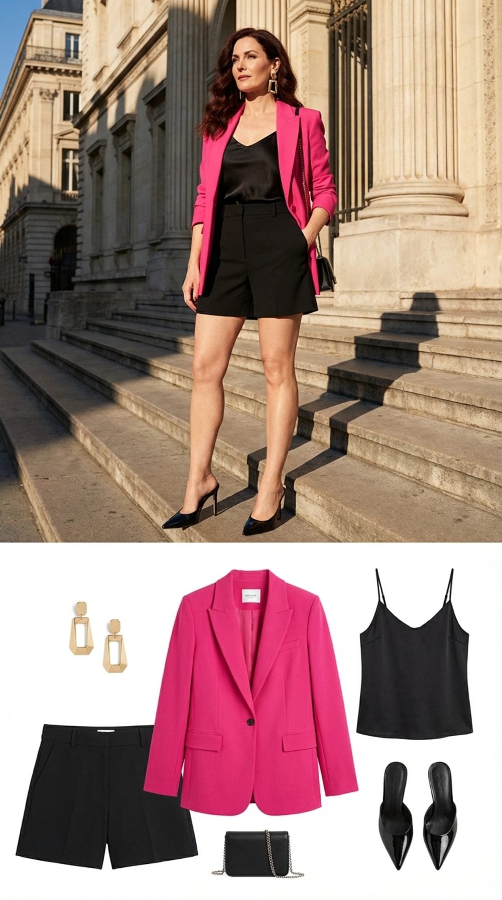 Hot Pink Blazer + High-Waist Black Tailored Shorts + Black Pointed Mules