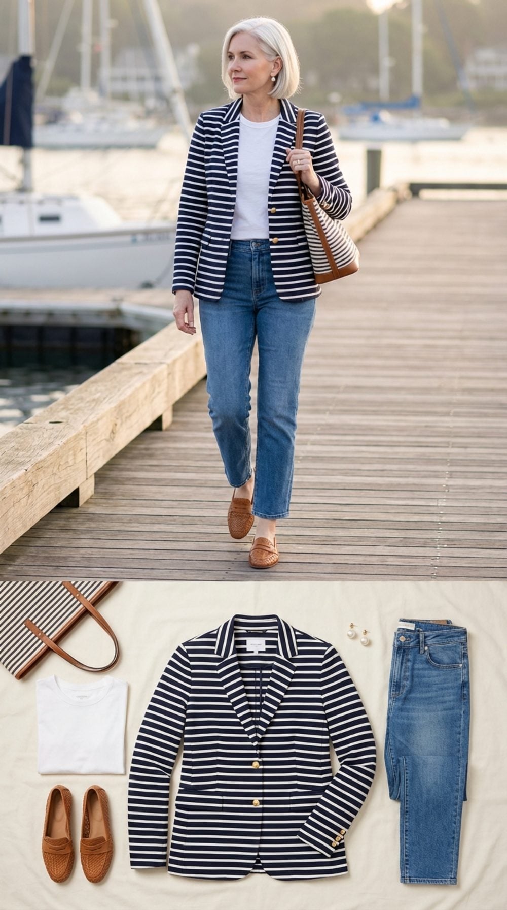 Striped Nautical Blazer Over a White T-Shirt, Straight-Leg Jeans, and Woven Loafers