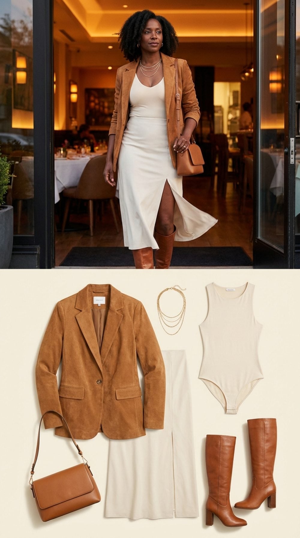 Caramel Suede Blazer Over a Cream Bodysuit, Midi Skirt with Front Split, and Knee-High Boots