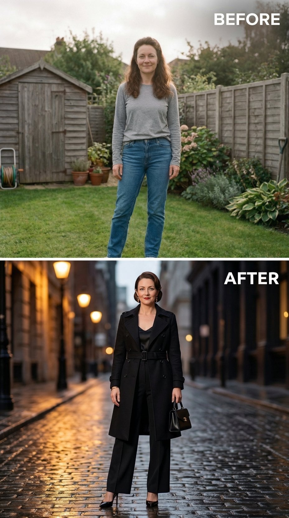 Casual Grey Long-Sleeve Meets Fitted Black Trench With Vintage Finger Waves