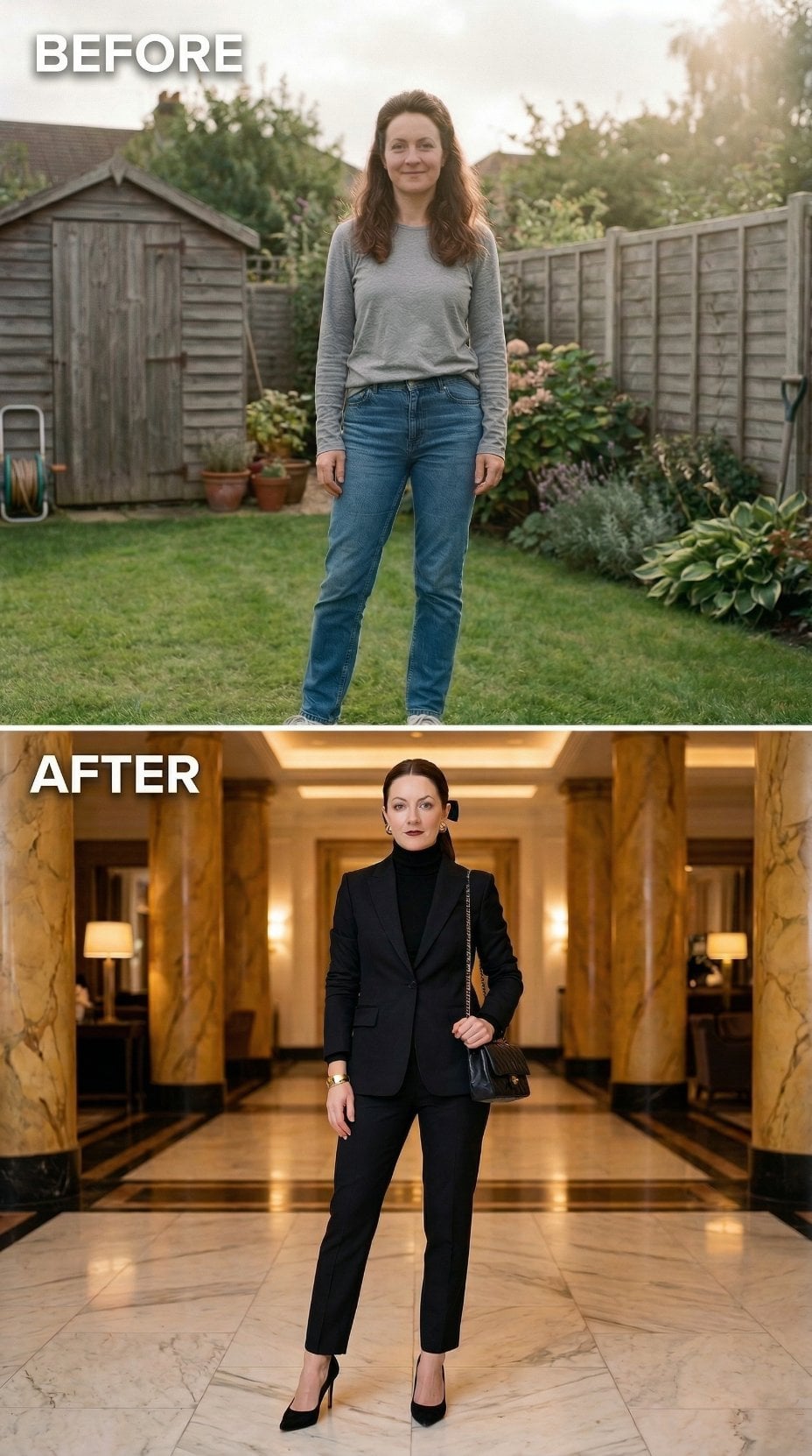 Grey Sweatshirt in the Garden Becomes Sharp Black Blazer Power