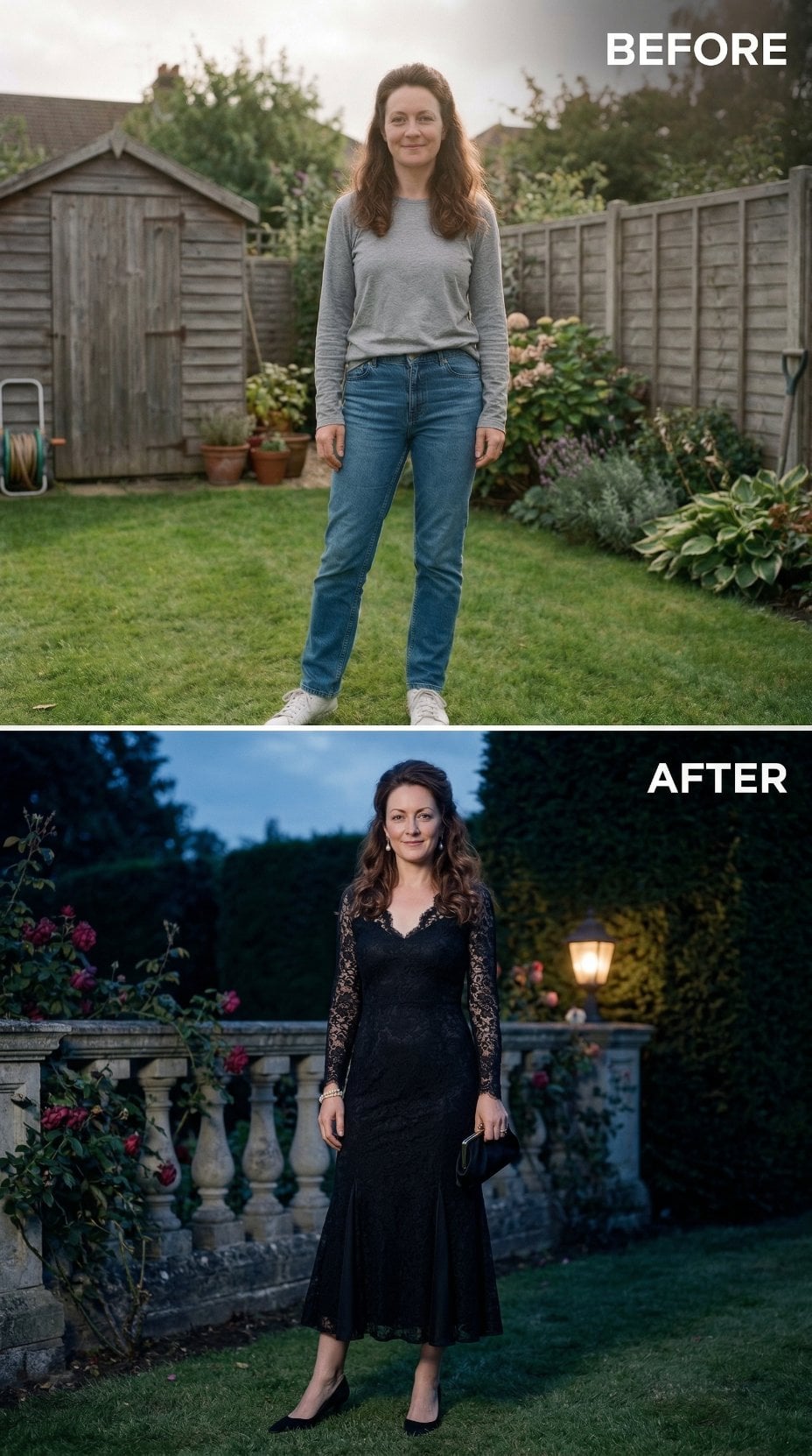 Daytime Denim and Trainers Swap for Black Lace Gown at Twilight