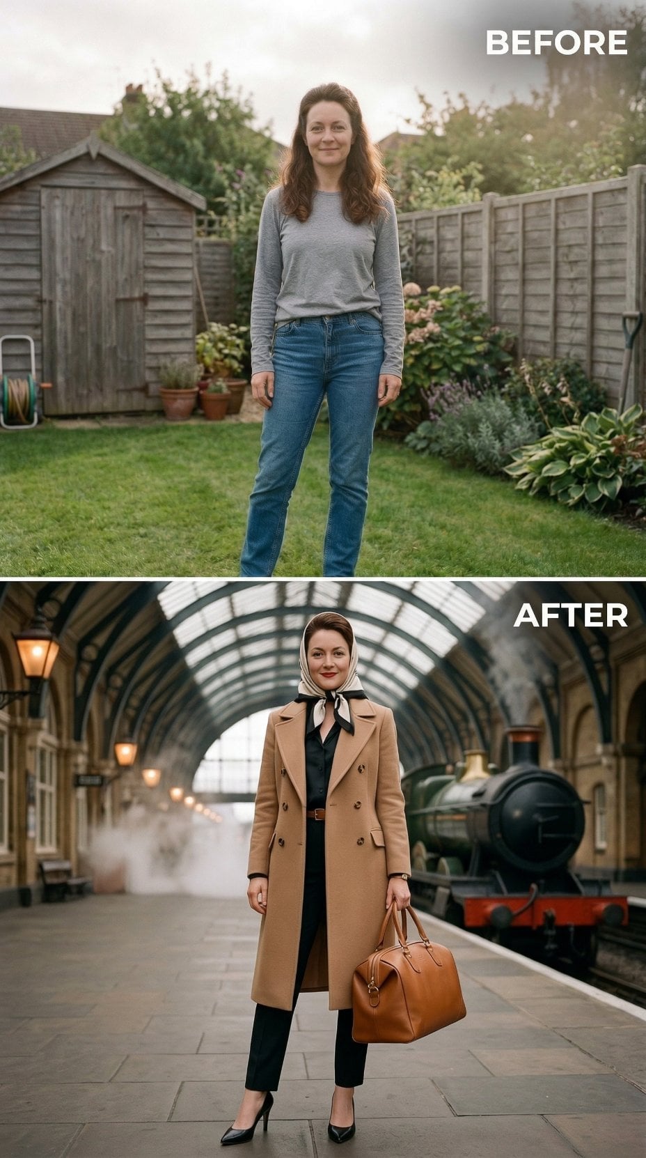 Blue Jeans in Her Backyard Convert to Camel Coat and Headscarf Drama