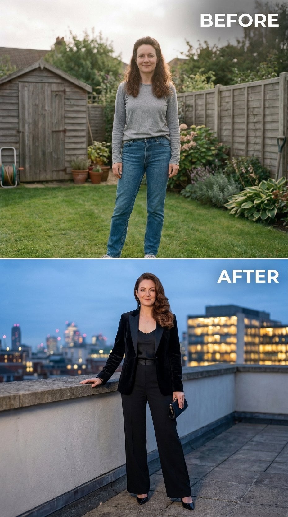 Backyard Blue Jeans Flip Into Rooftop Noir Suiting With City Glow