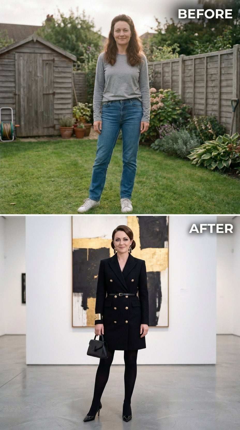 Lawn Casual With White Sneakers Pivots to Black Blazer Dress and Museum Stillness