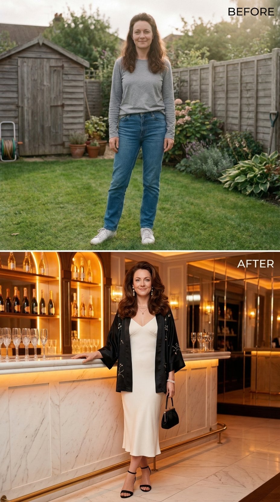 Grey Sweatshirt in Suburban Garden Becomes Ivory Slip and Kimono at Champagne Bar