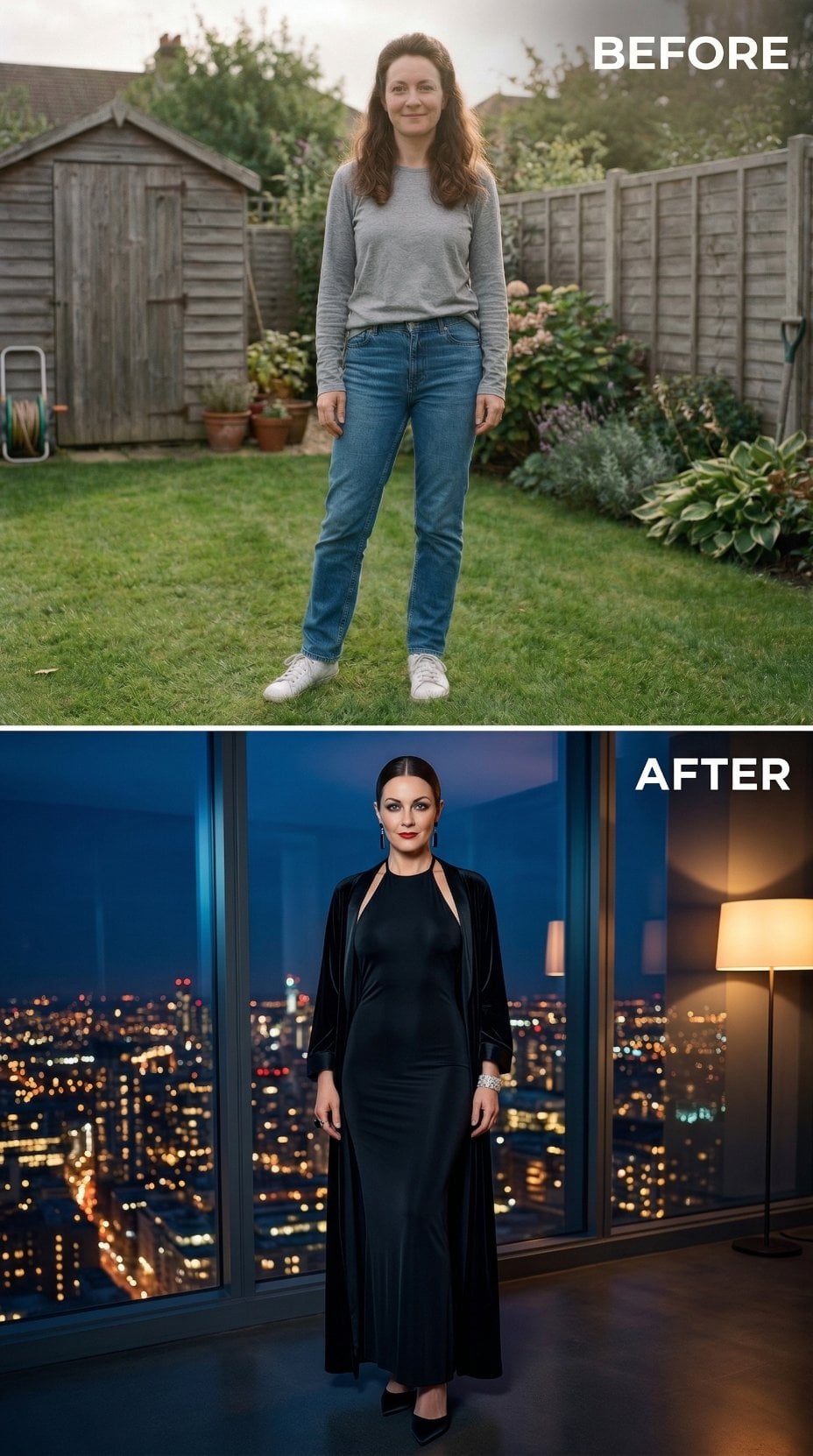 Rolled Denim on Lawn Grass Shifts to Halter Gown and Penthouse Glass