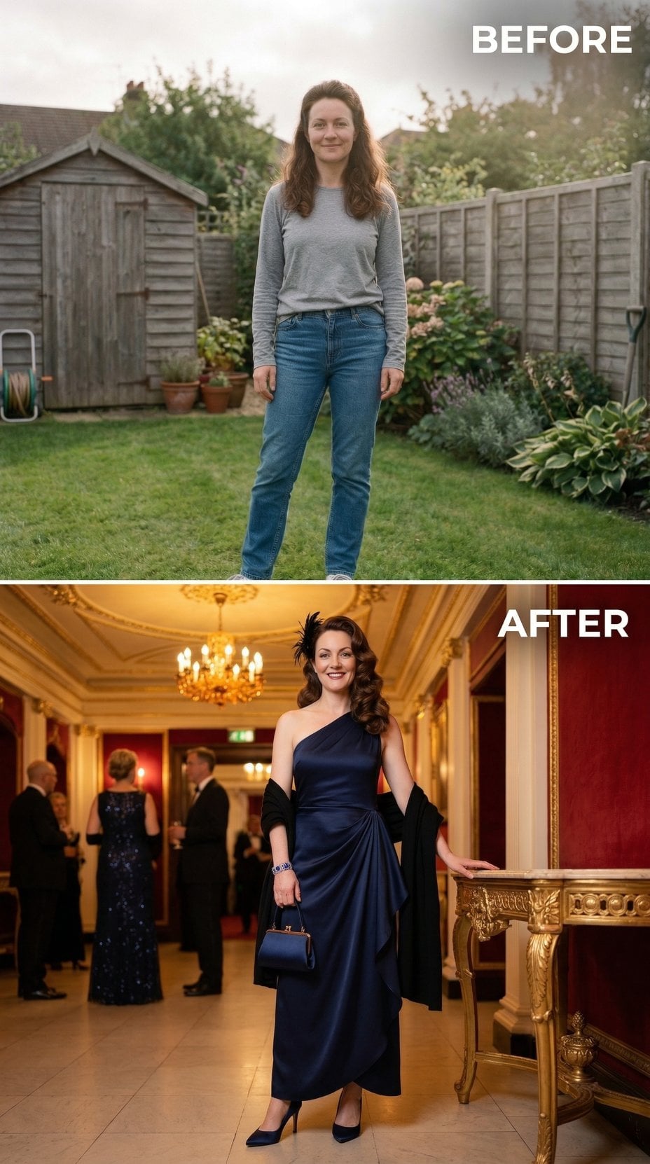 Casual Garden Grey Trades Up for Navy Satin Gown and Opera House Gold