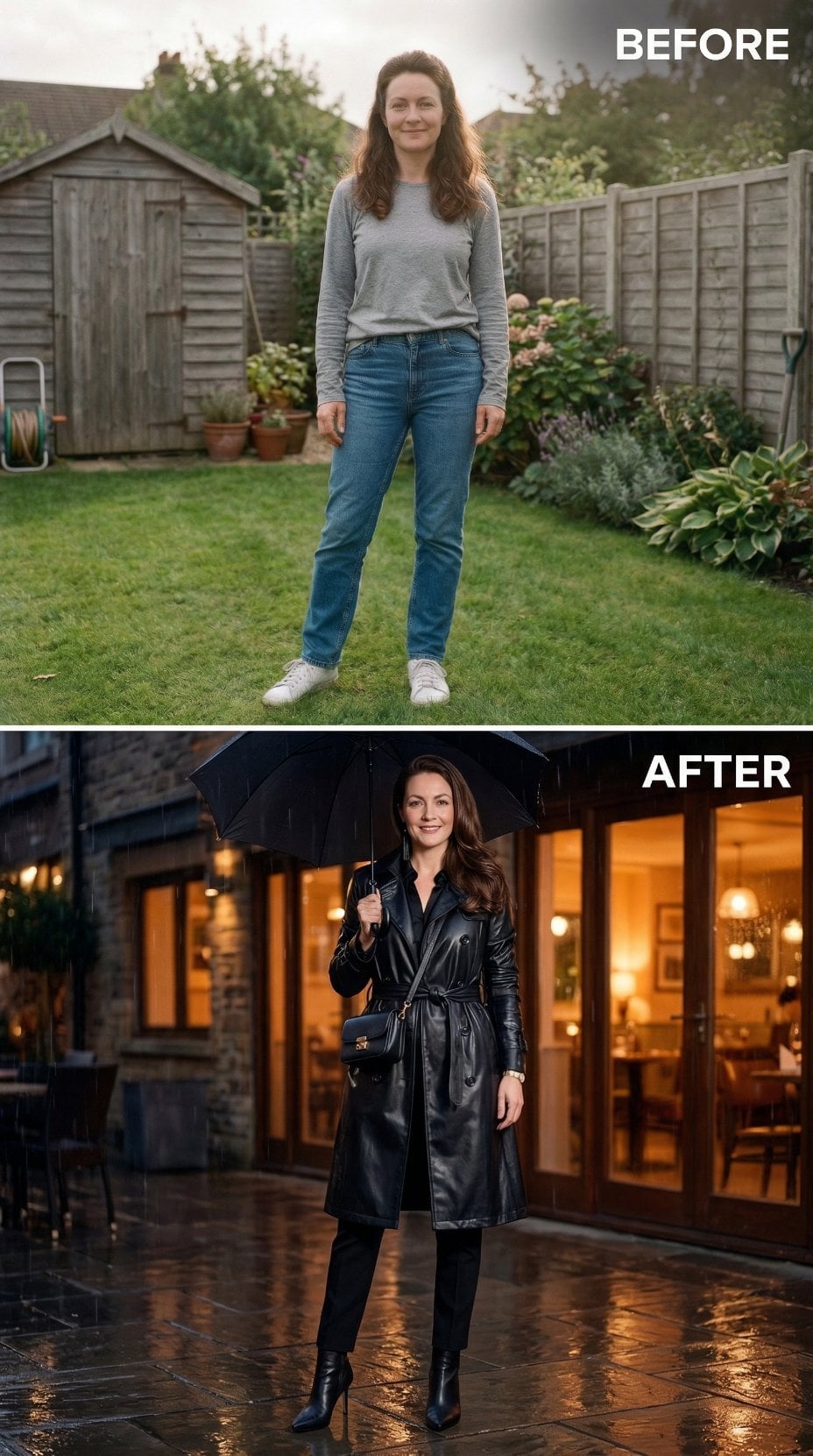 Garden Grey Sweatshirt Dissolves Into Black Leather Trench on Rain-Slick Streets