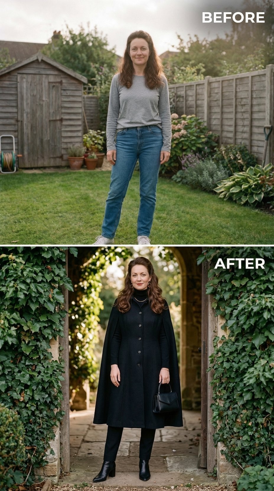 Backyard Blue Jeans Melt Into Black Wool Cape and Ivy Archway Drama