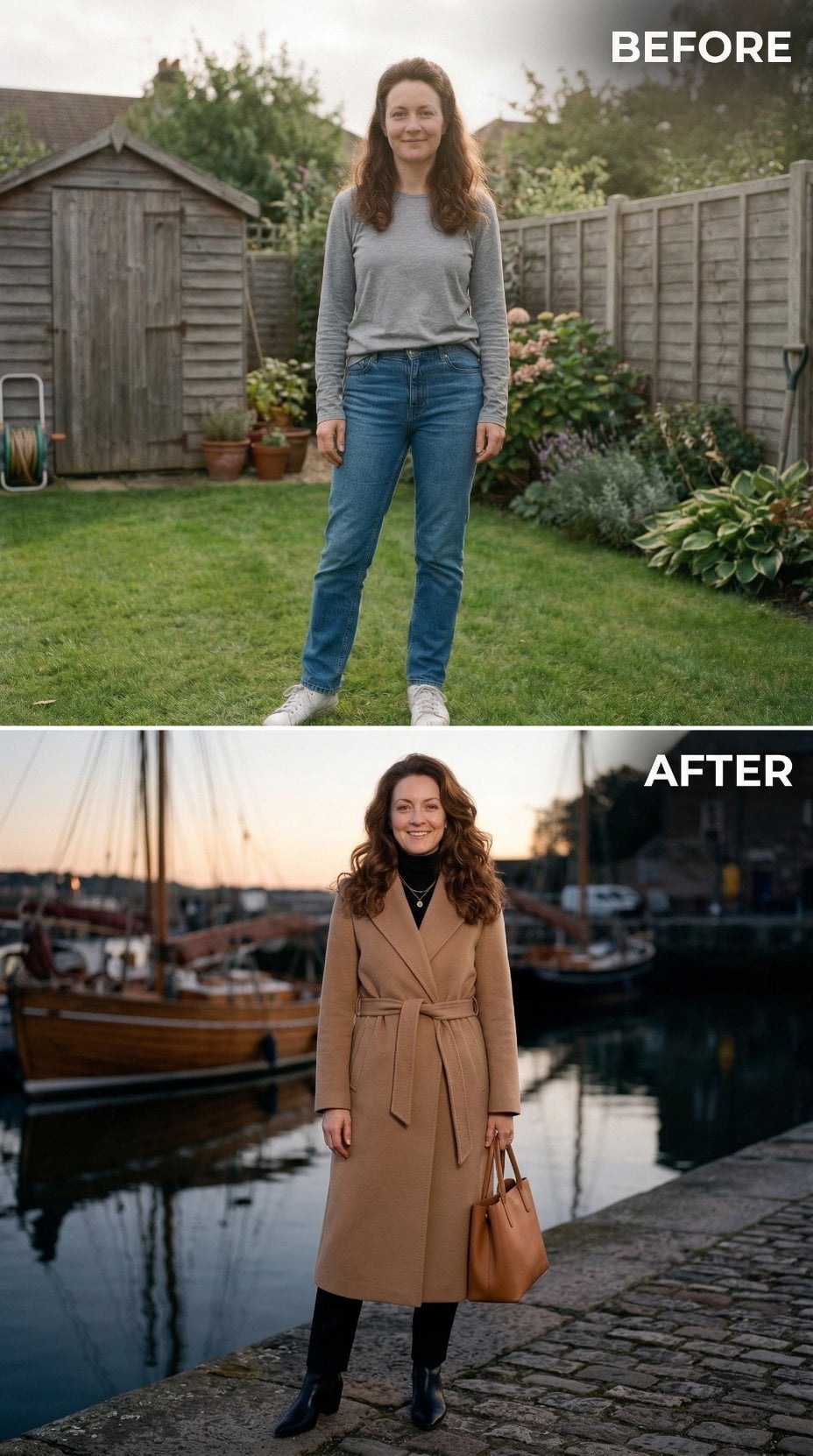 Jeans and Lawn Give Way to Camel Wrap Coat and Cobblestone Marina