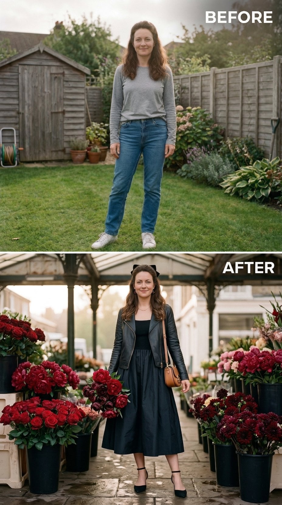 Grey Tee on Wet Lawn Becomes Black Leather Moto and Flower Market Noir