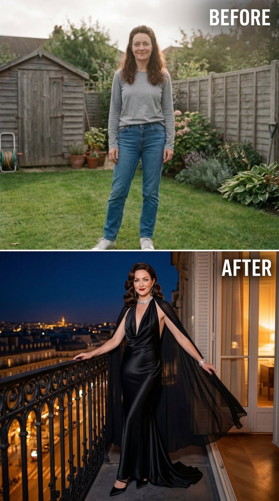 Casual Garden Stance Gives Up Every Stitch for Caped Black Gown on a Parisian Balcony