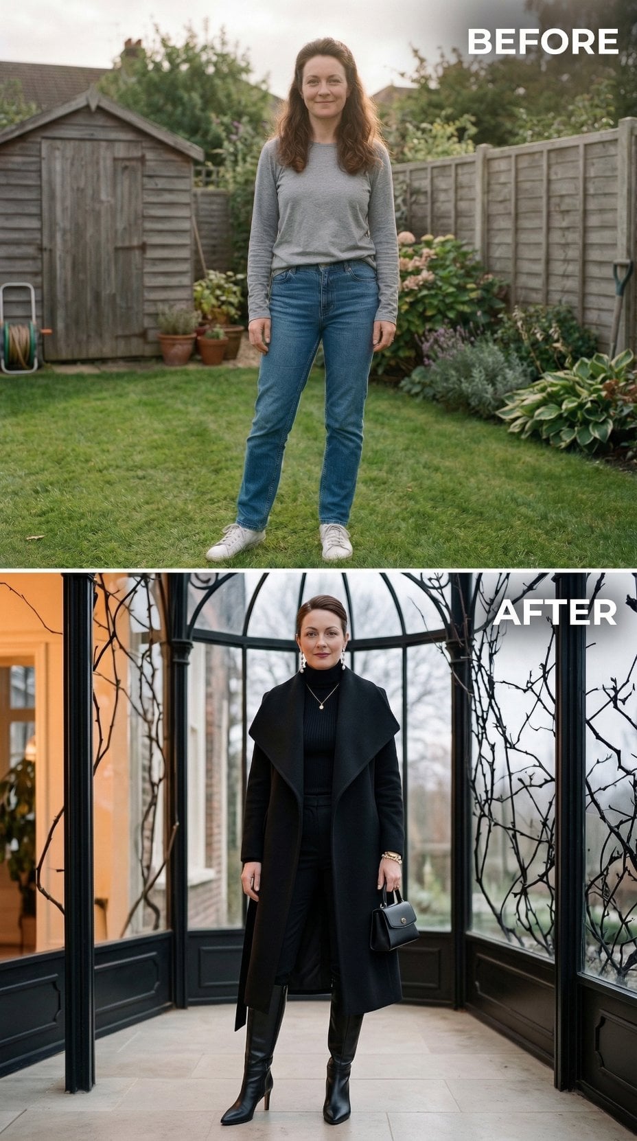 Backyard Jeans and Garden Shed Swap for Black Sleeveless Coat and Conservatory Arches