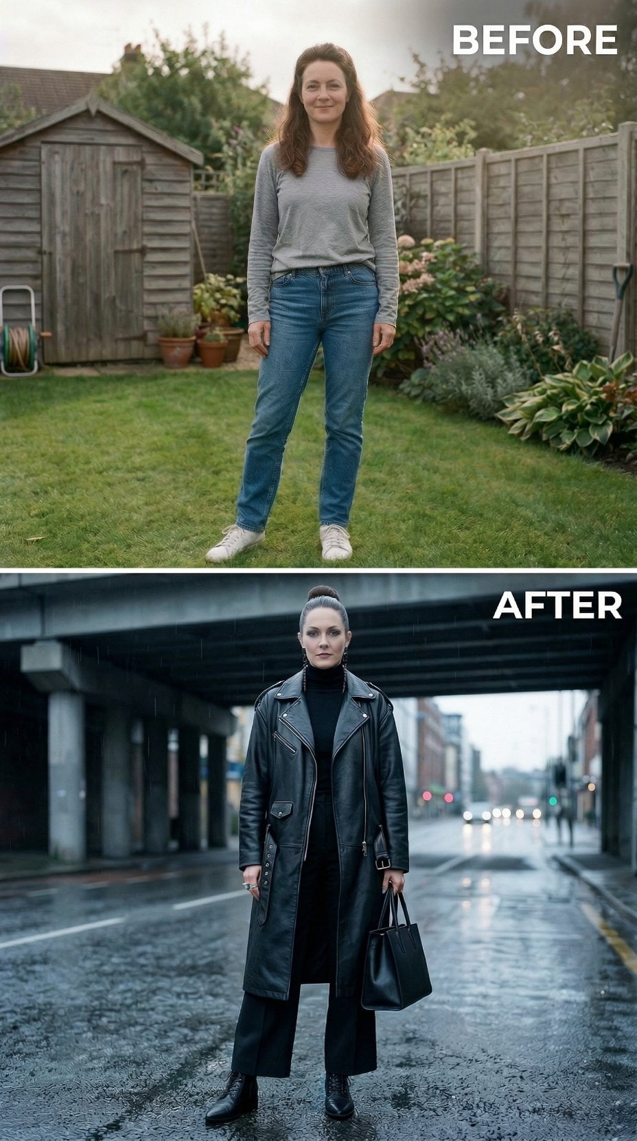 Lawn Sneakers and Long-Sleeve Grey Switch Into Leather Moto and City Underpass