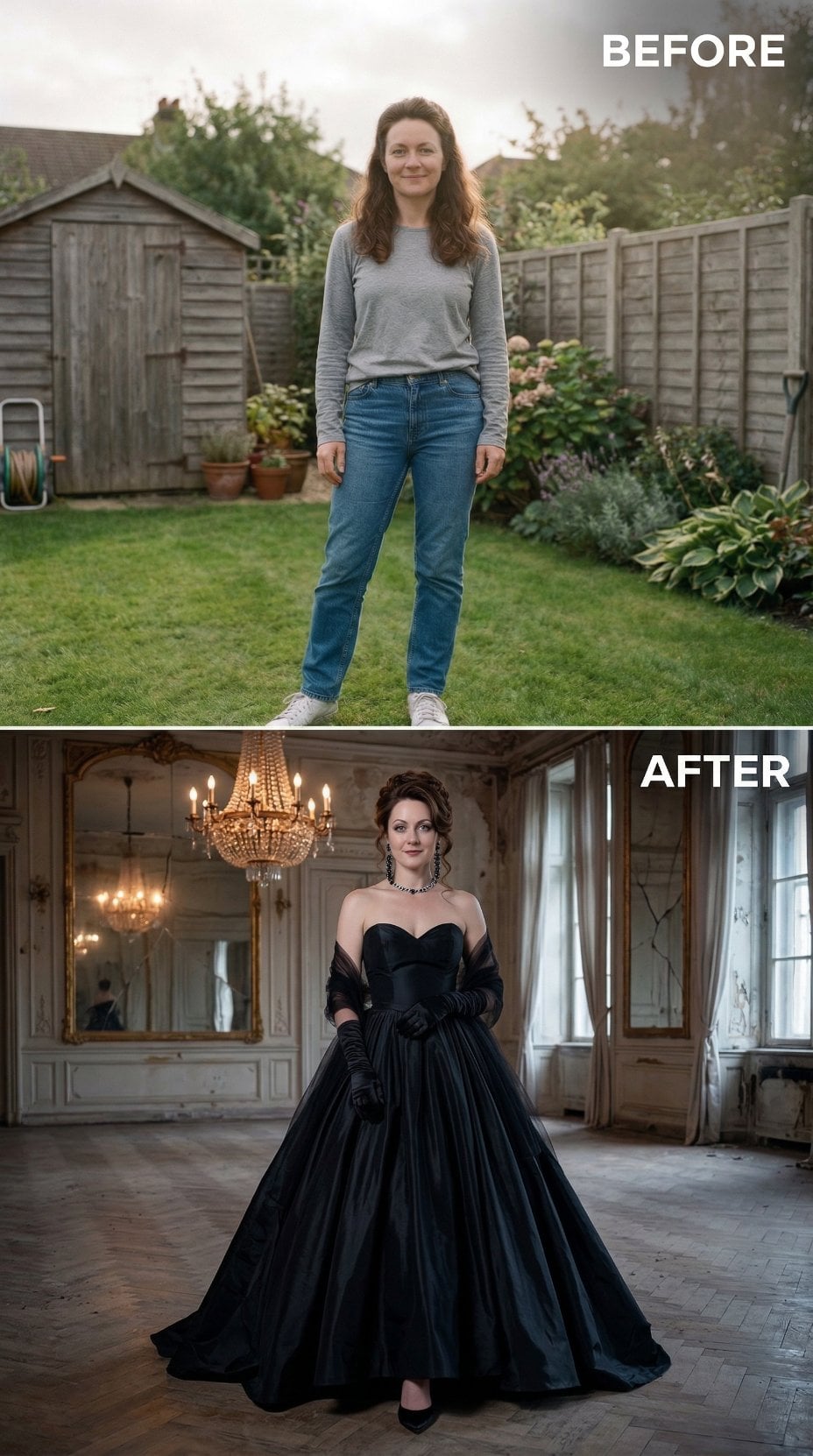 Blue Denim Yard Calm Dissolves Into Black Satin Ball Gown Drama