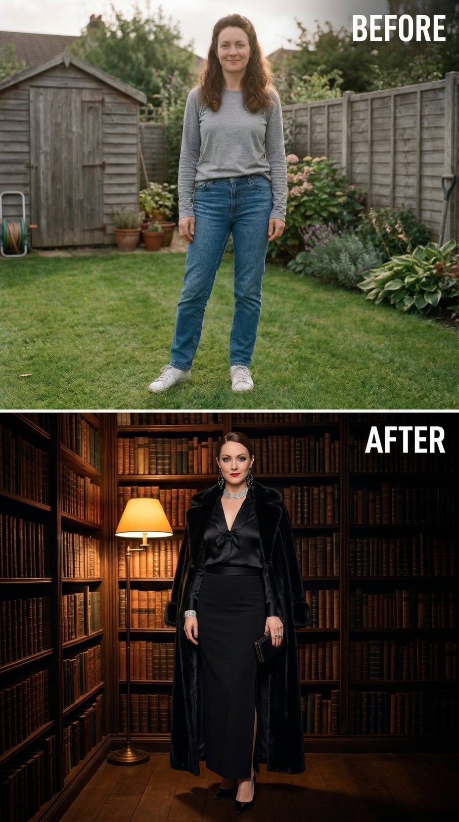 Outdoor Casuals Drop Into Library-Dark Noir With Satin Bow Blouse and Floor-Length Fur