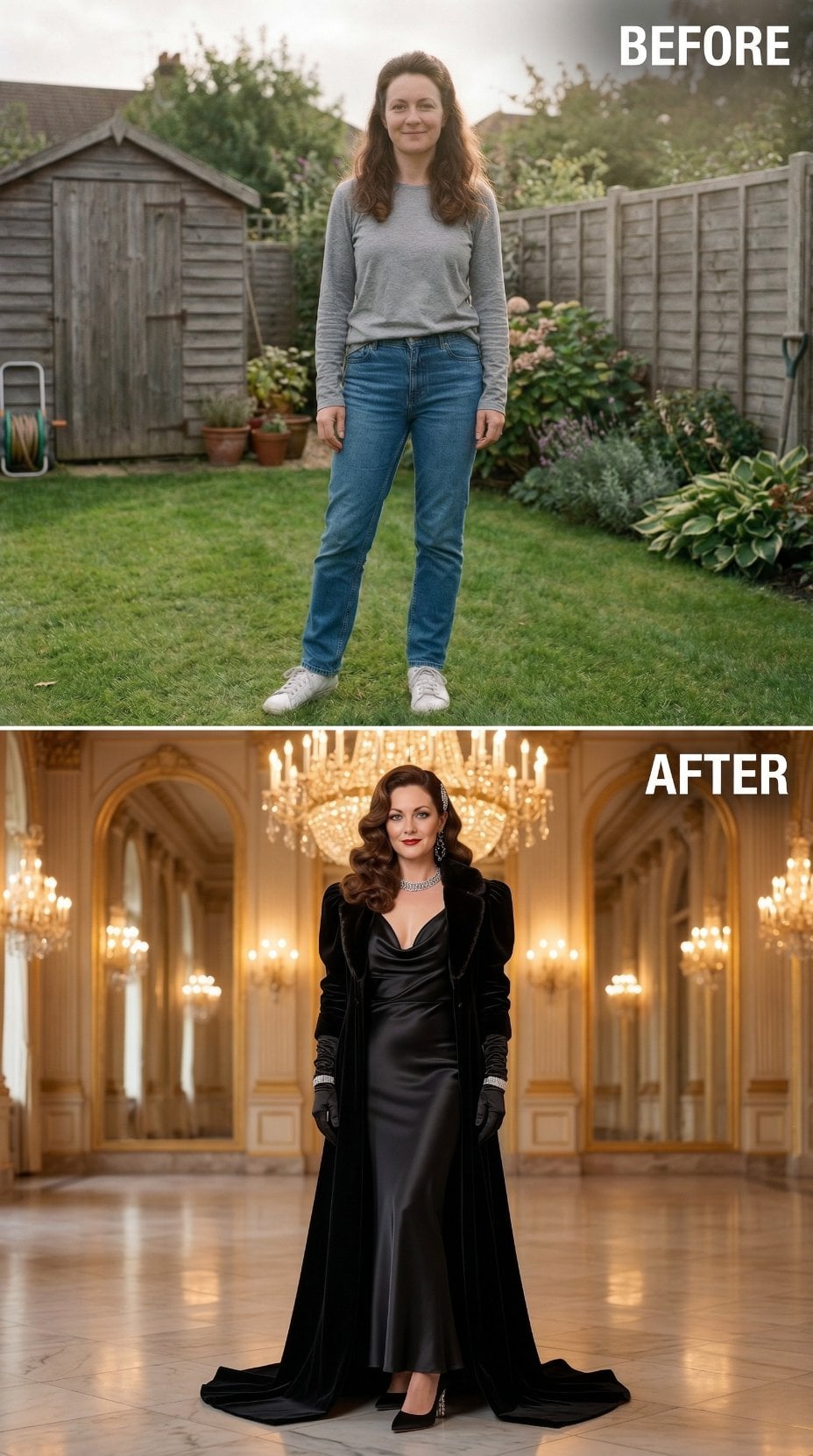 Rolled-Cuff Denim on Grass Vanishes Into Silk Column Gown and Chandelier Glow