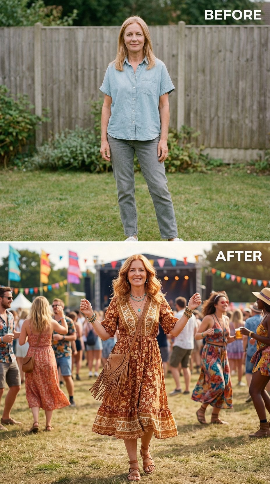 Boho Maxi Dress in Rust and Gold Print Commands the Festival Floor
