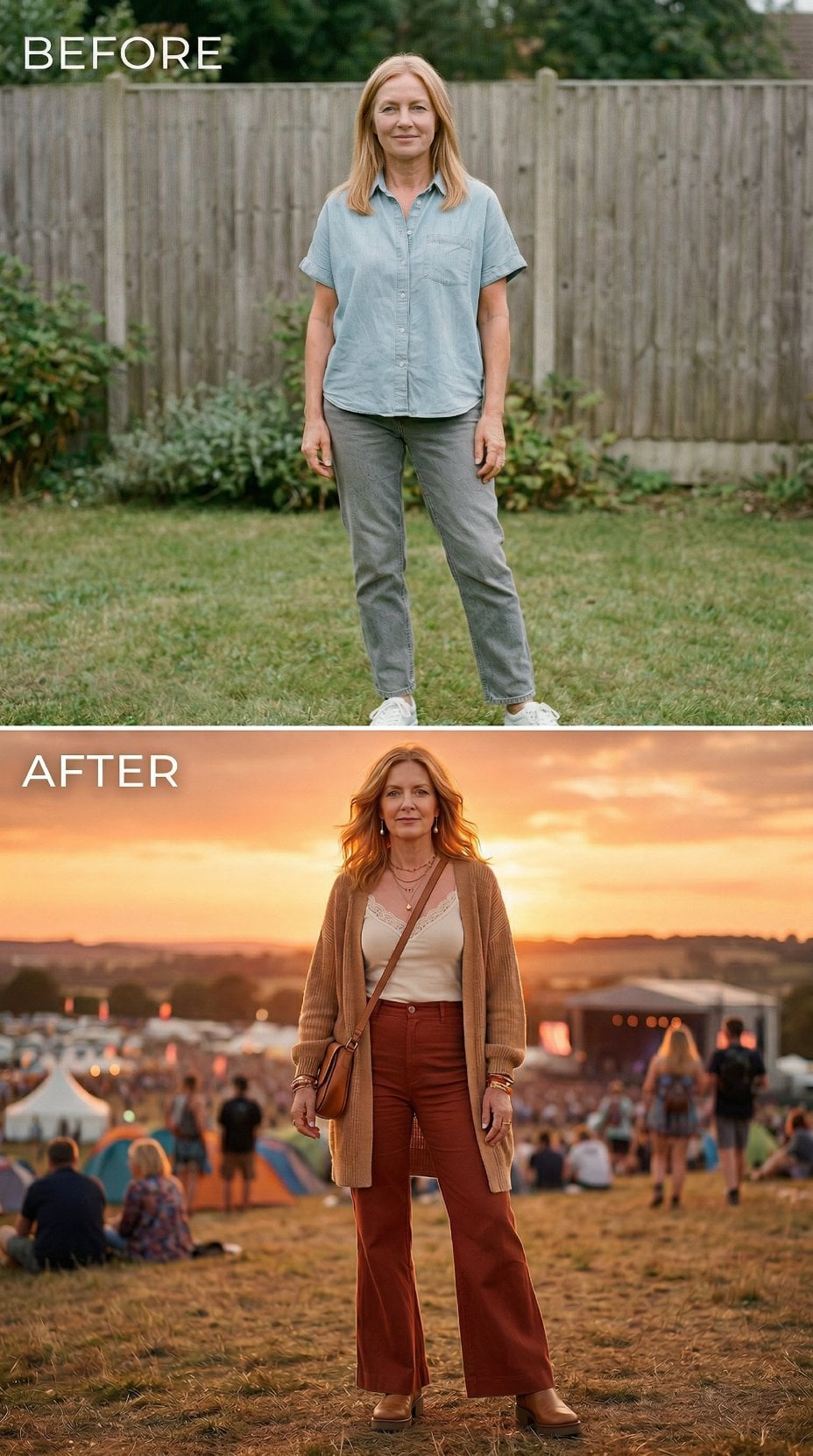 Long Camel Cardigan and Rust Flares Bring Boho Warmth to Golden Hour
