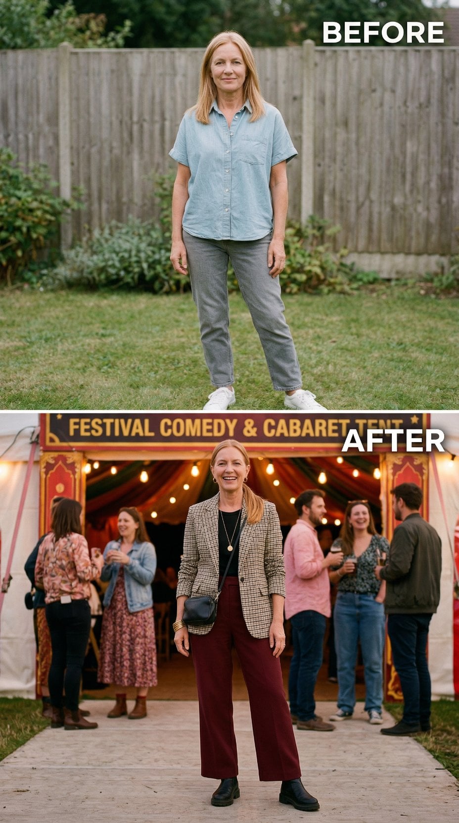 Checked Blazer and Burgundy Wide-Legs Step Into Festival Evening Mode