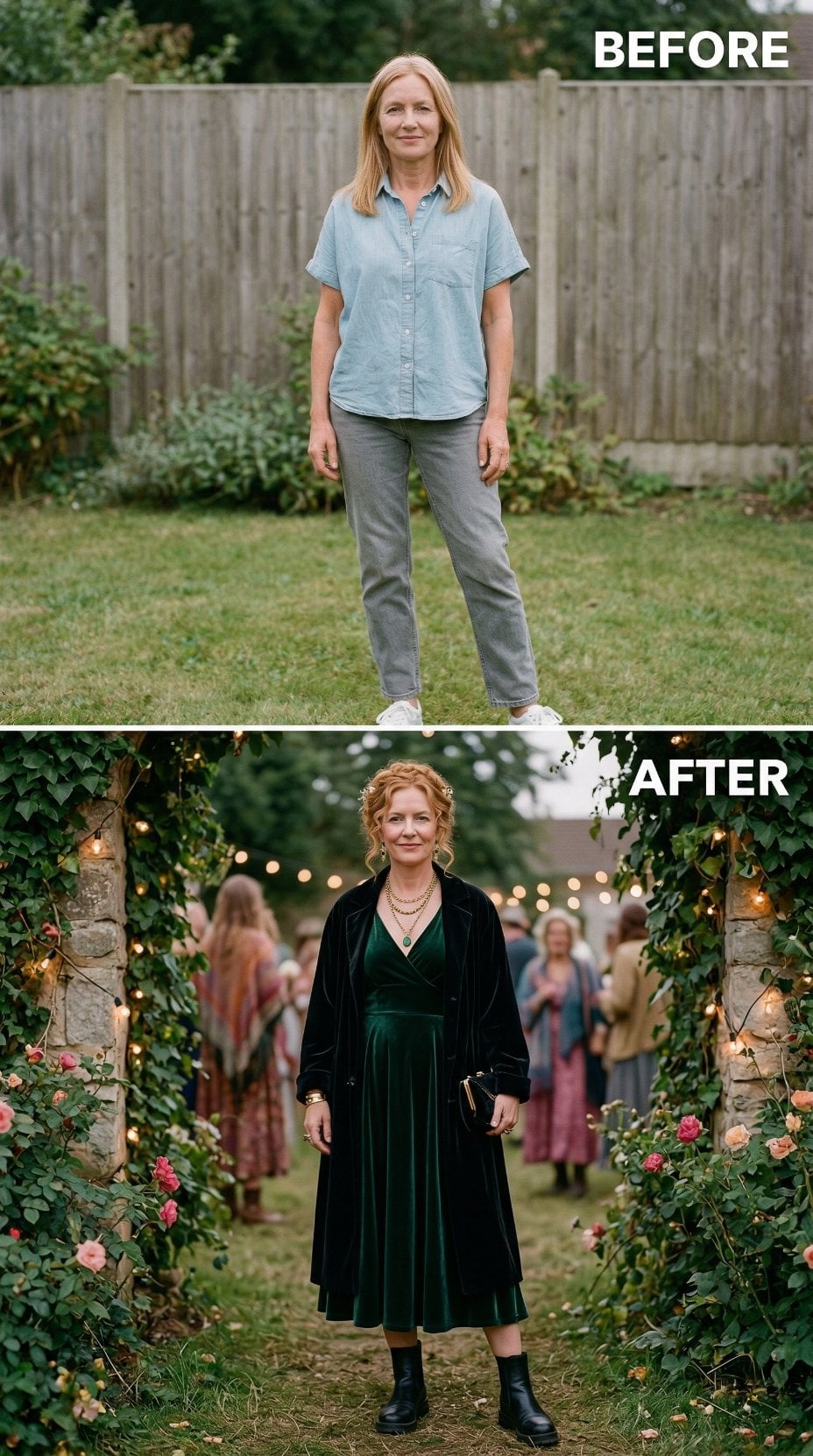 Deep Green Velvet Wrap Dress and Curled Auburn Hair Own the Garden Party