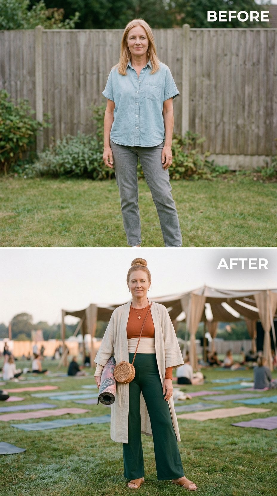 Chambray Swap Leads to Yoga Ready Outfit in Rust and Green