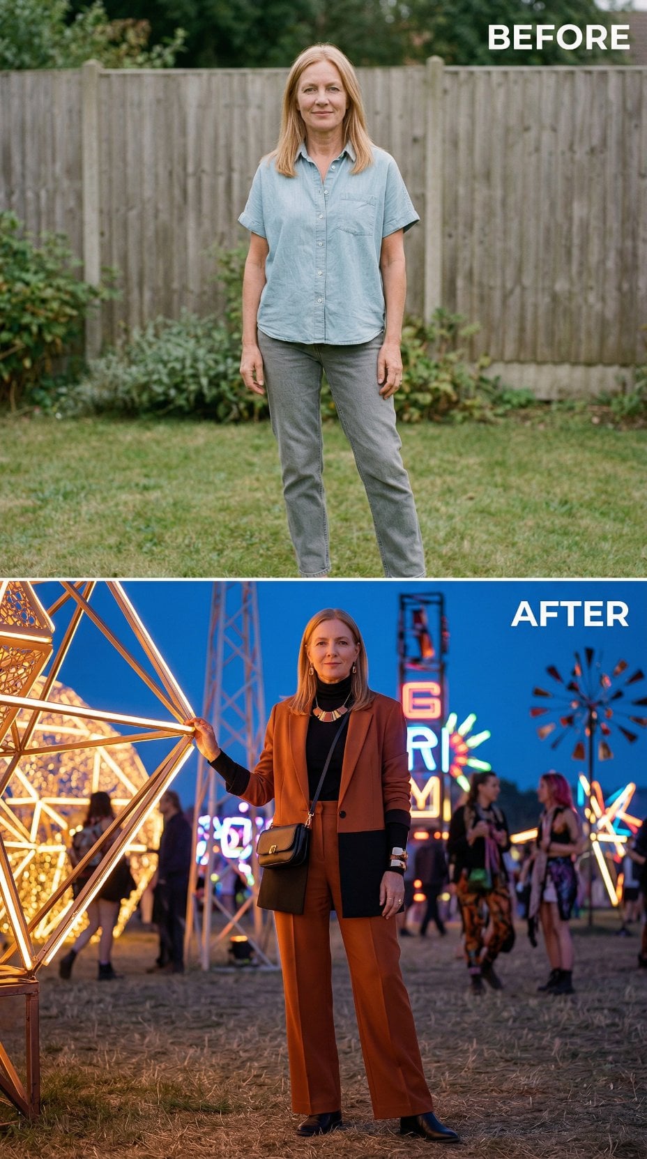 Burnt Orange Suiting and Black Turtleneck Arrive at Twilight Fair