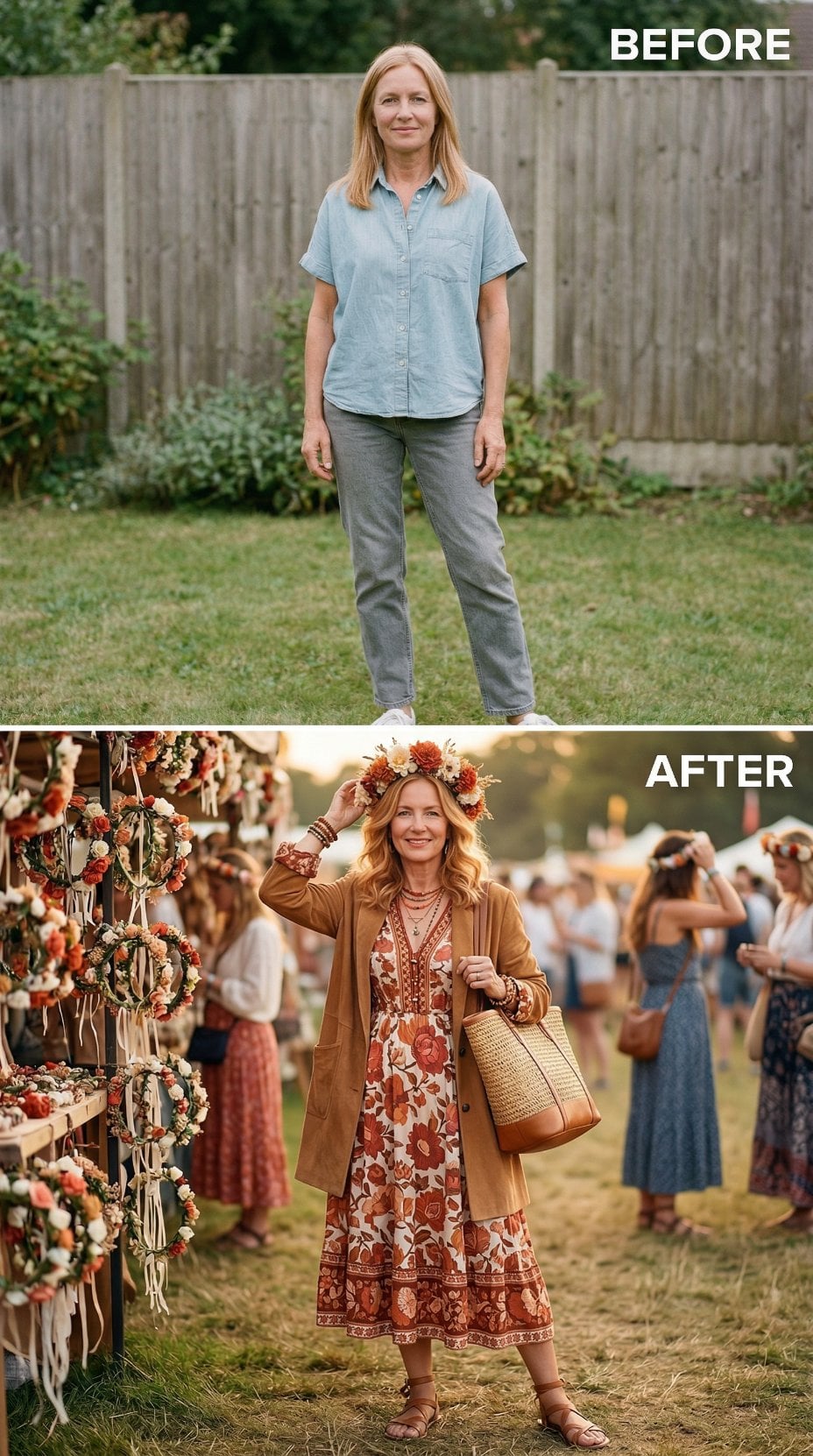 Floral Crown and Embroidered Midi Channel Meadow Festival Warmth