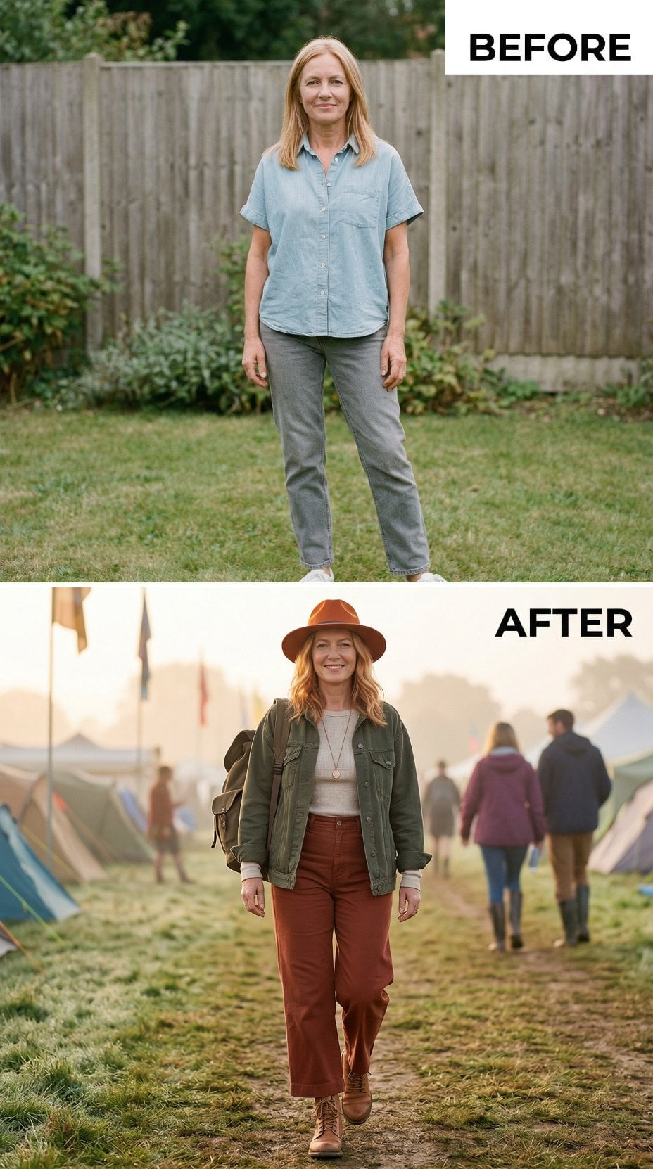 Olive Utility Jacket and Rust Wide-Leg Trousers Walk Festival Grounds