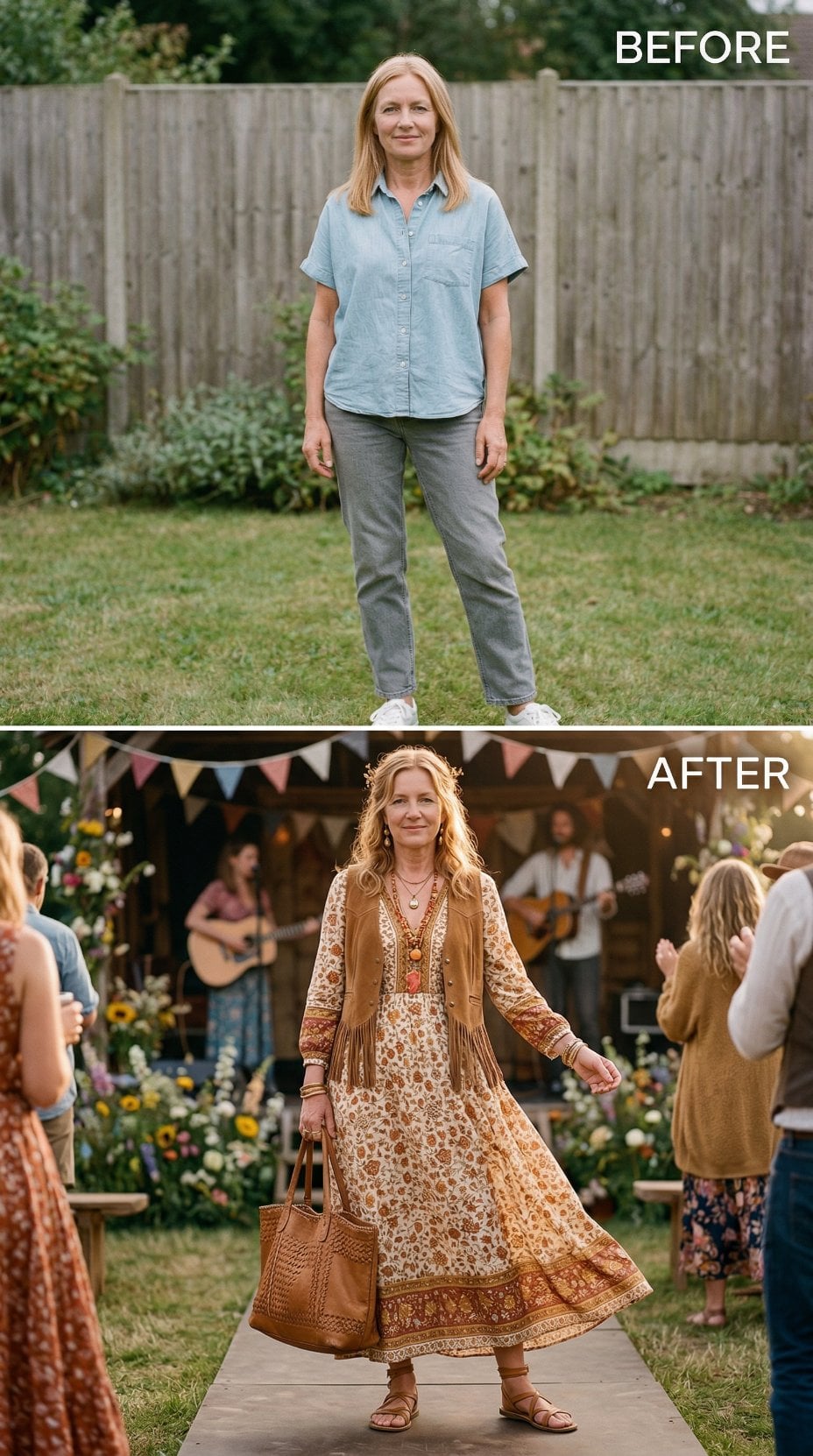 Suede Vest and Floral Maxi Float Down a Festival Aisle at Golden Hour