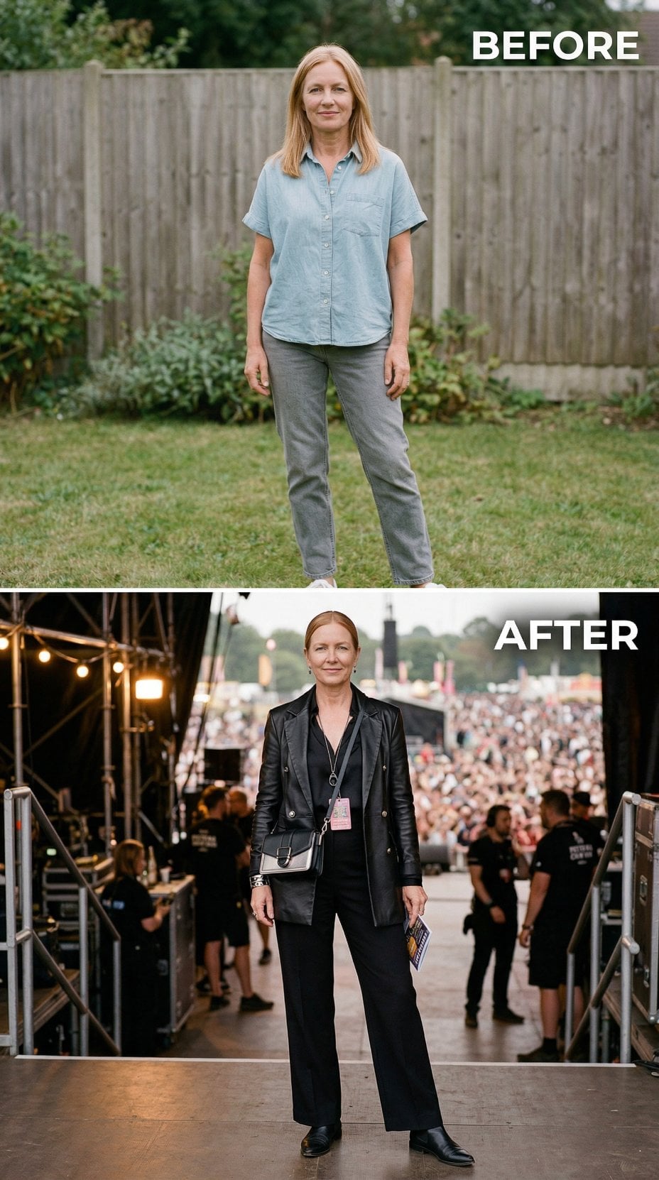 Black Leather Blazer and Wide-Leg Trousers Take the Stage Pass Lane