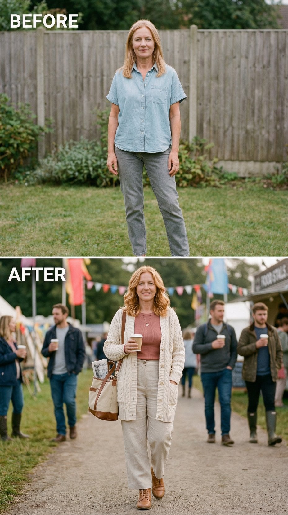 Cream Cable Knit Cardigan and Rust Tee Move Through Festival Lanes
