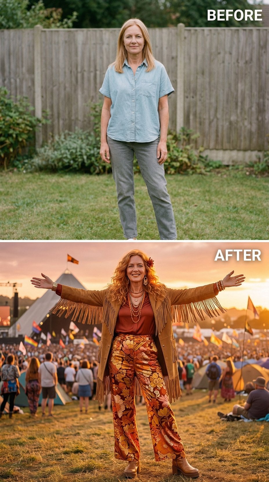 Fringed Suede Jacket and Floral Wide-Legs Own the Festival Field