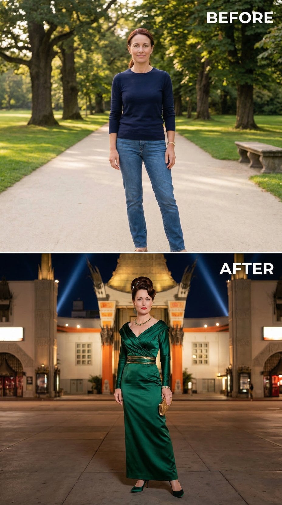 Navy Cotton to Emerald Satin: Her Hollywood Arrival Begins at Grauman's