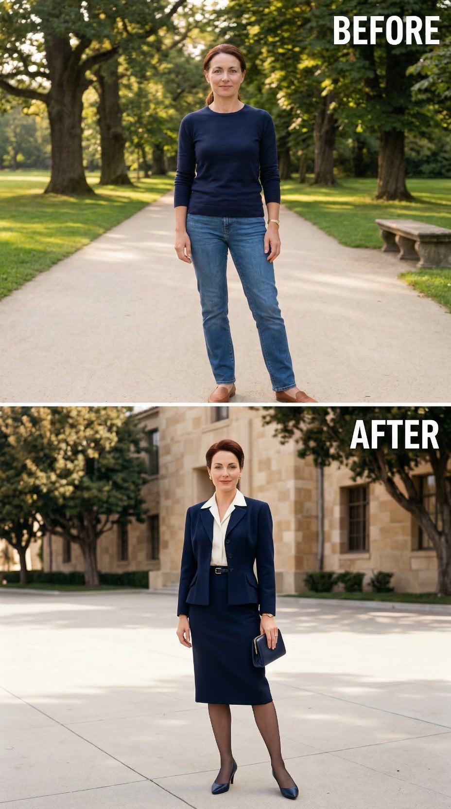 Navy Wool Suiting and the Posture Shift That Signals She's Arrived